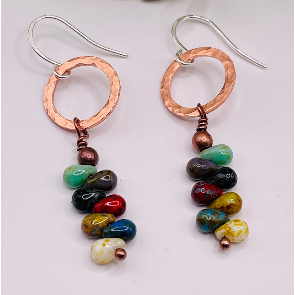 New Copper and Czech Bead Dangle Earrings in Jewel Tones